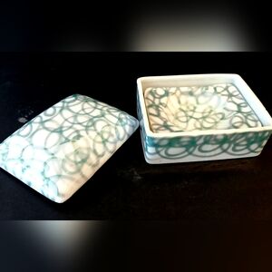 Vintage Green and White Ceramic Trinket Box With Trinket Dishes